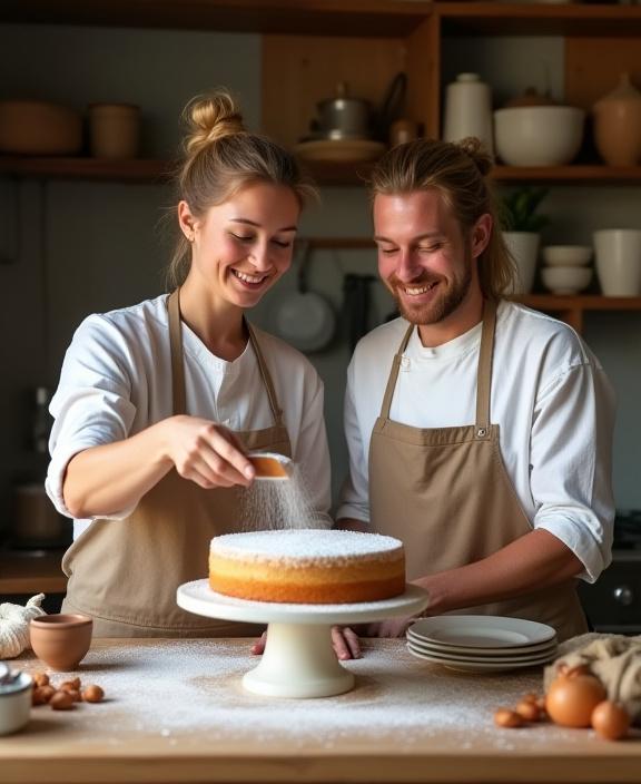 Two smiling bakers dusting a cake with powdered sugar in a warm, rustic kitchen.