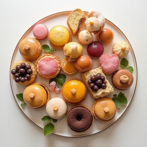 A platter of exquisite pastries including eclairs, tarts, and macarons with subtle green and brown decorations.